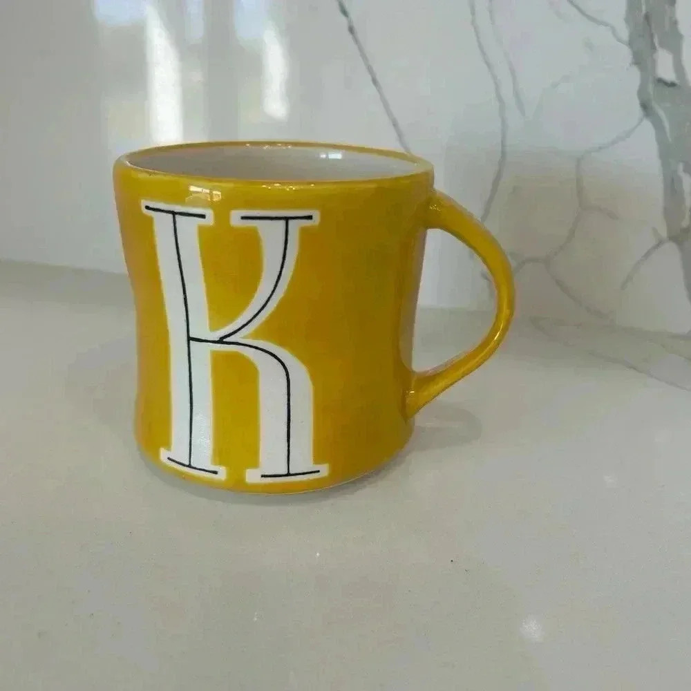 Anthropologie Monogram Letter K Hand Painted Yellow mustard Coffee Mug Cup